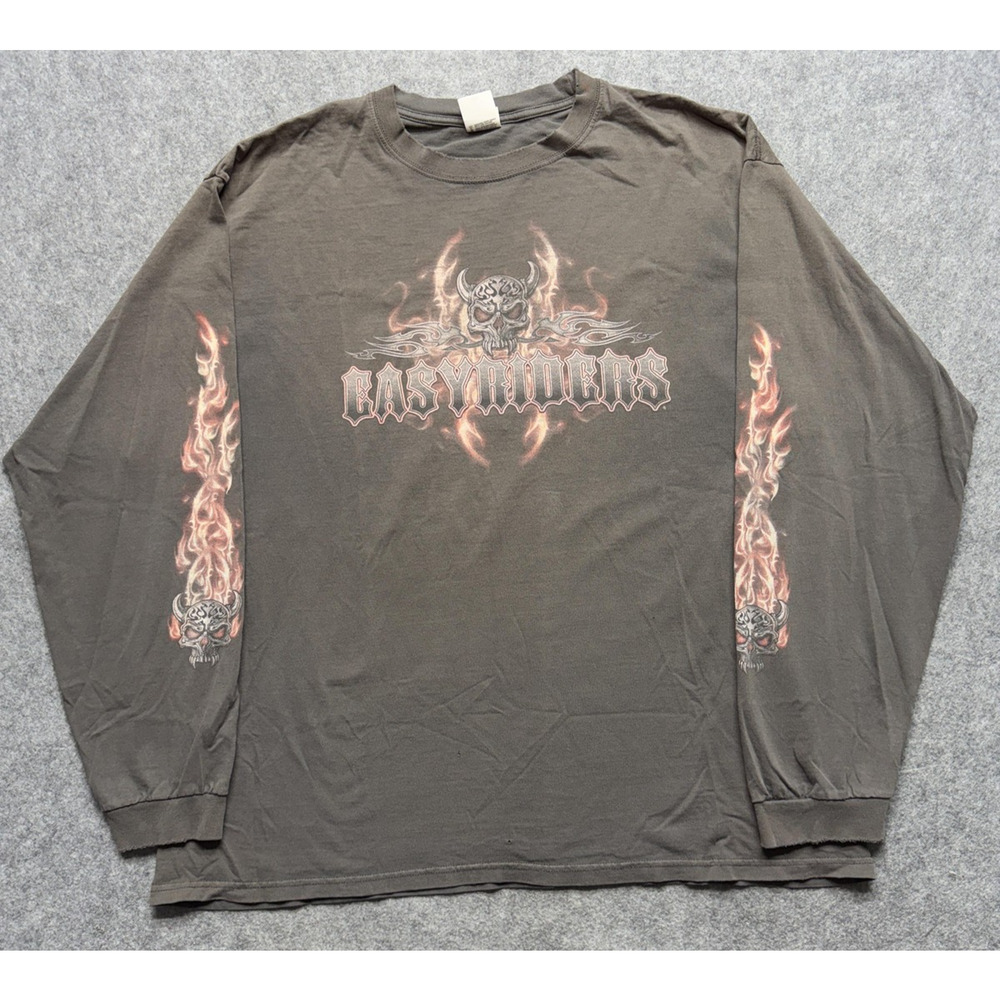 Vintage Easyriders Shirt Mens XL Gray Skull Flames Ace Motorcycle Biker 90s